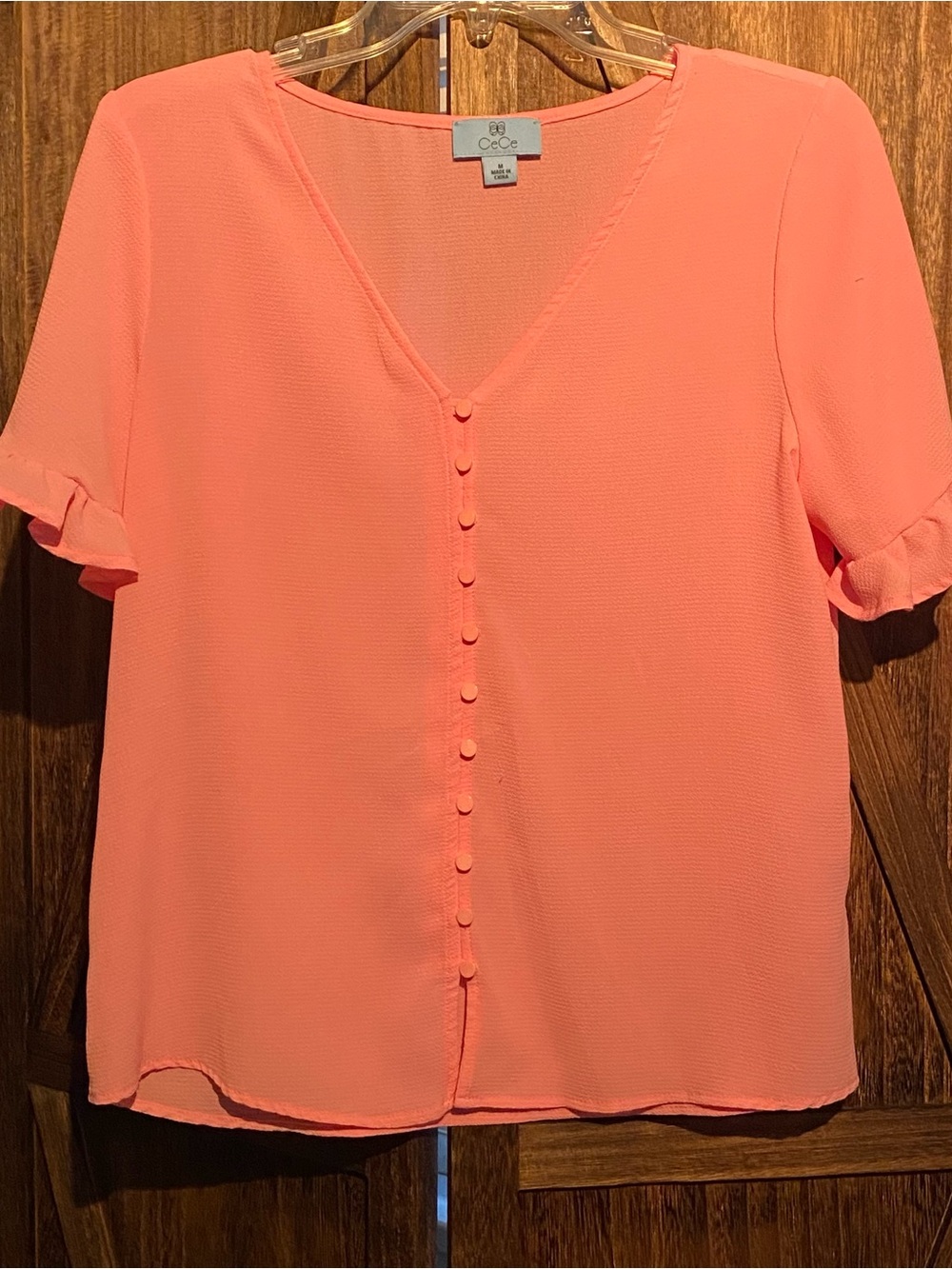 CeCe Coral-Peach Button Front V-Neck Blouse